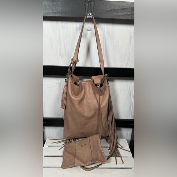 Tosca Blu FRINGED Big Nude Leather Satchel/Removable Crossbody Strap & Pouch - Picture 8 of 12